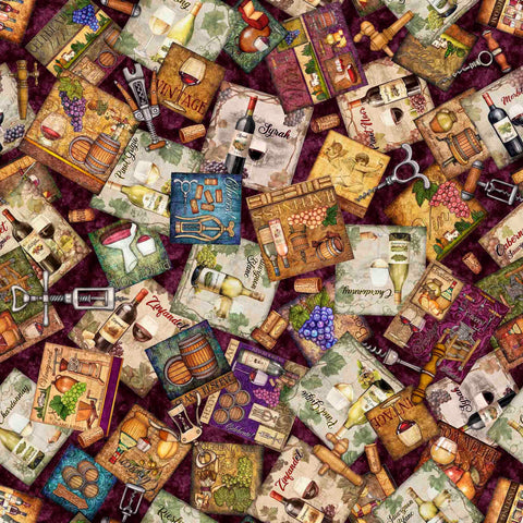 Image of the Cork & Barrel Wine Labels Merlot quilting cotton fabric by Morris Creative Group for QT Fabrics. Features wine icons on a red background. Cute Little Fabric Shop