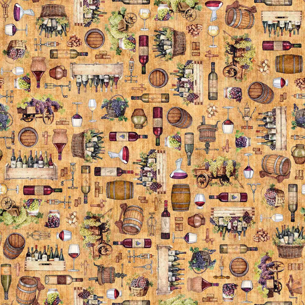 Image of the Cork & Barrel Everything Wine Mauve quilting cotton fabric by Morris Creative Group for QT Fabrics. Features wine icons on a purple background. Cute Little Fabric Shop