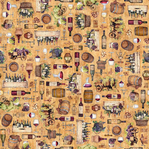 Image of the Cork & Barrel Everything Wine Mauve quilting cotton fabric by Morris Creative Group for QT Fabrics. Features wine icons on a purple background. Cute Little Fabric Shop