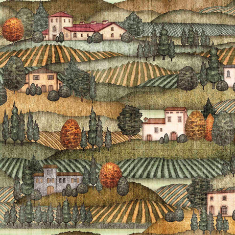 Image of the Cork & Barrel Vinyard Scenic Olive quilting cotton fabric by Morris Creative Group for QT Fabrics. Features wine icons on a green background. Cute Little Fabric Shop