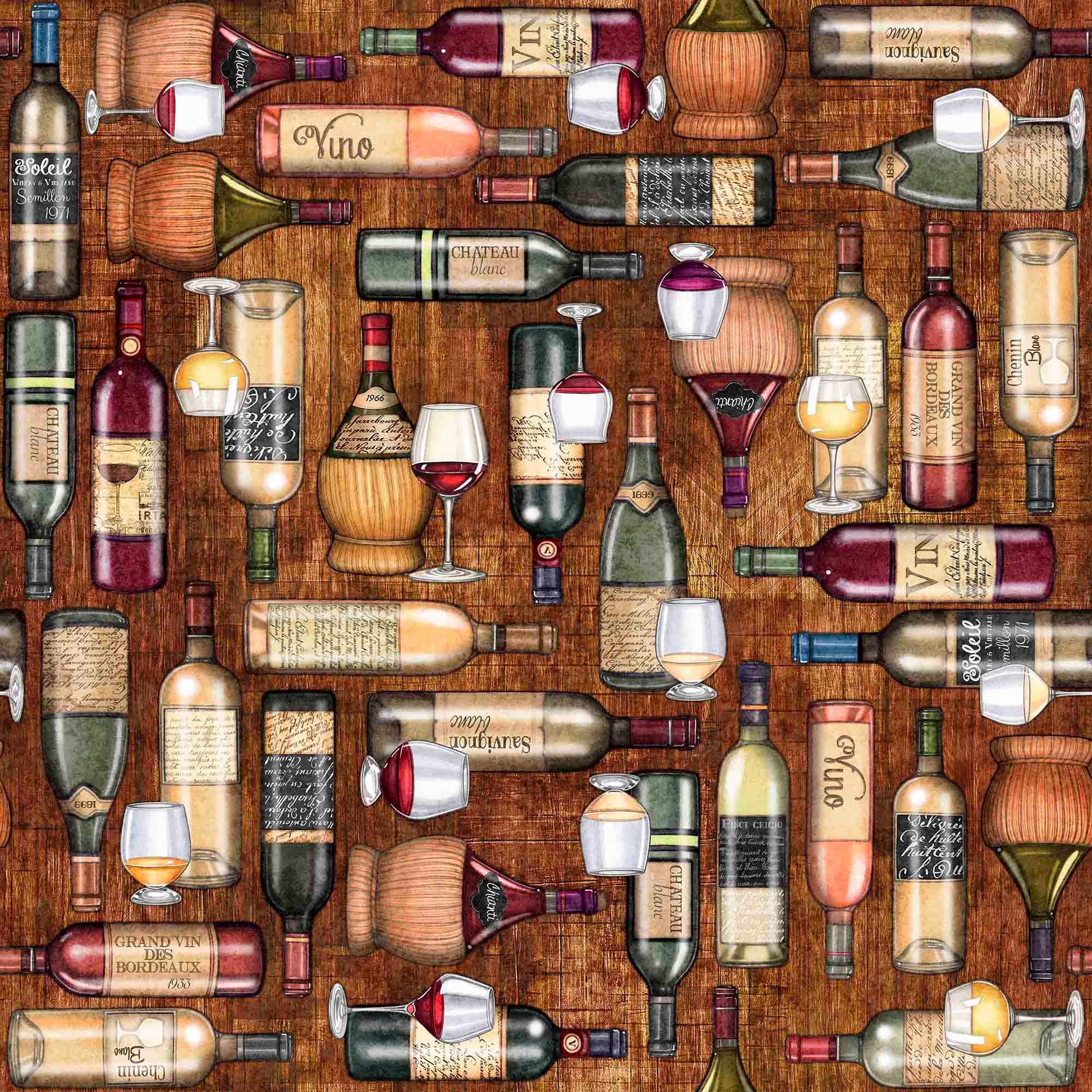 Image of the Cork & Barrel Wine Bottle and Glasses Brown quilting cotton fabric by Morris Creative Group for QT Fabrics. Features wine icons on a brown background. Cute Little Fabric Shop