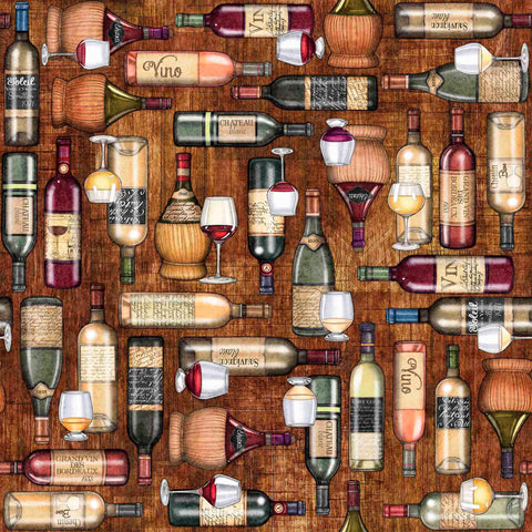 Image of the Cork & Barrel Wine Bottle and Glasses Brown quilting cotton fabric by Morris Creative Group for QT Fabrics. Features wine icons on a brown background. Cute Little Fabric Shop