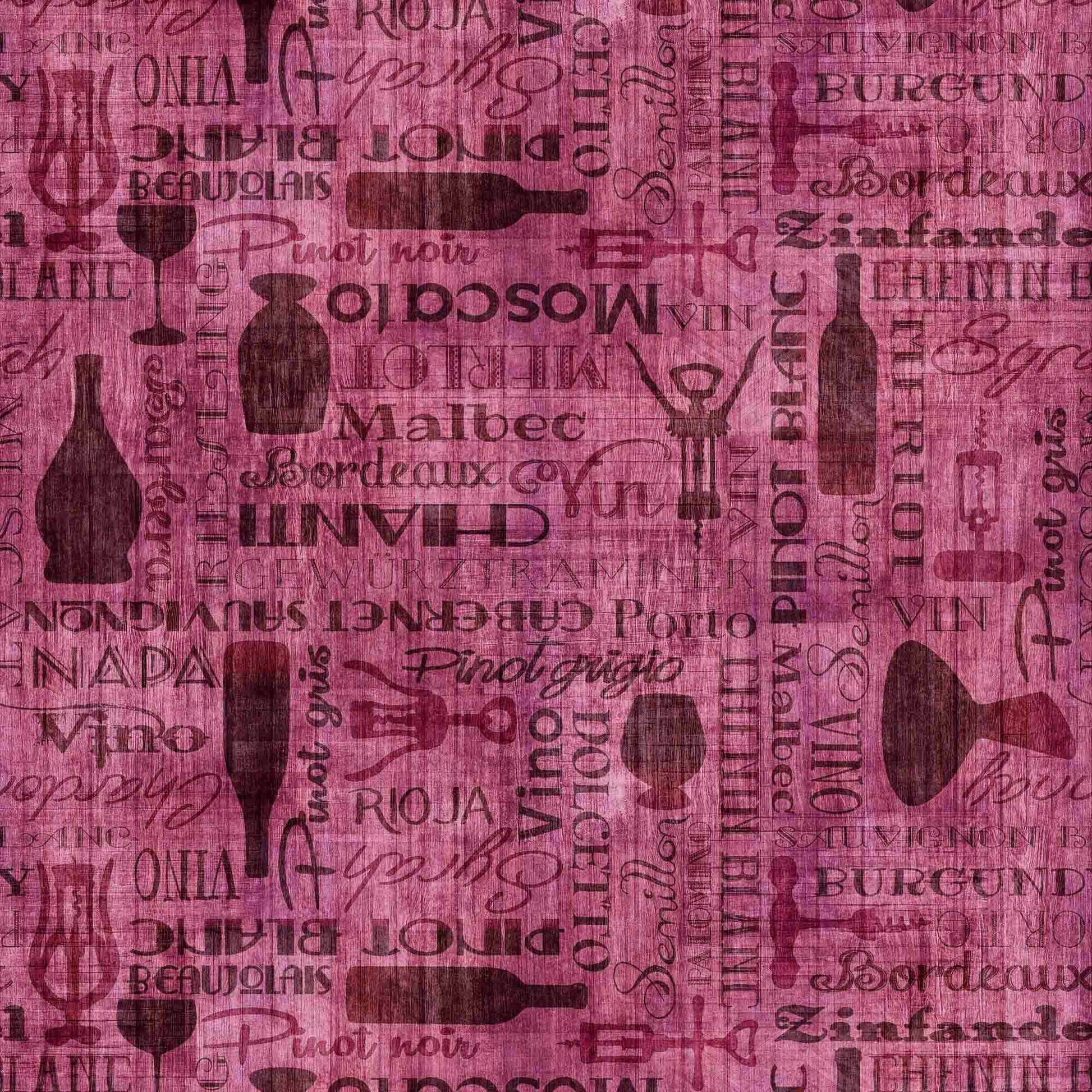 Image of the Cork & Barrel Wine Bottle and Woods Tonal Rose quilting cotton fabric by Morris Creative Group for QT Fabrics. Features wine icons on a purple background. Cute Little Fabric Shop