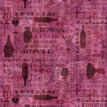 Image of the Cork & Barrel Wine Bottle and Woods Tonal Rose quilting cotton fabric by Morris Creative Group for QT Fabrics. Features wine icons on a purple background. Cute Little Fabric Shop