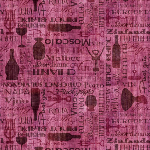 Image of the Cork & Barrel Wine Bottle and Woods Tonal Rose quilting cotton fabric by Morris Creative Group for QT Fabrics. Features wine icons on a purple background. Cute Little Fabric Shop