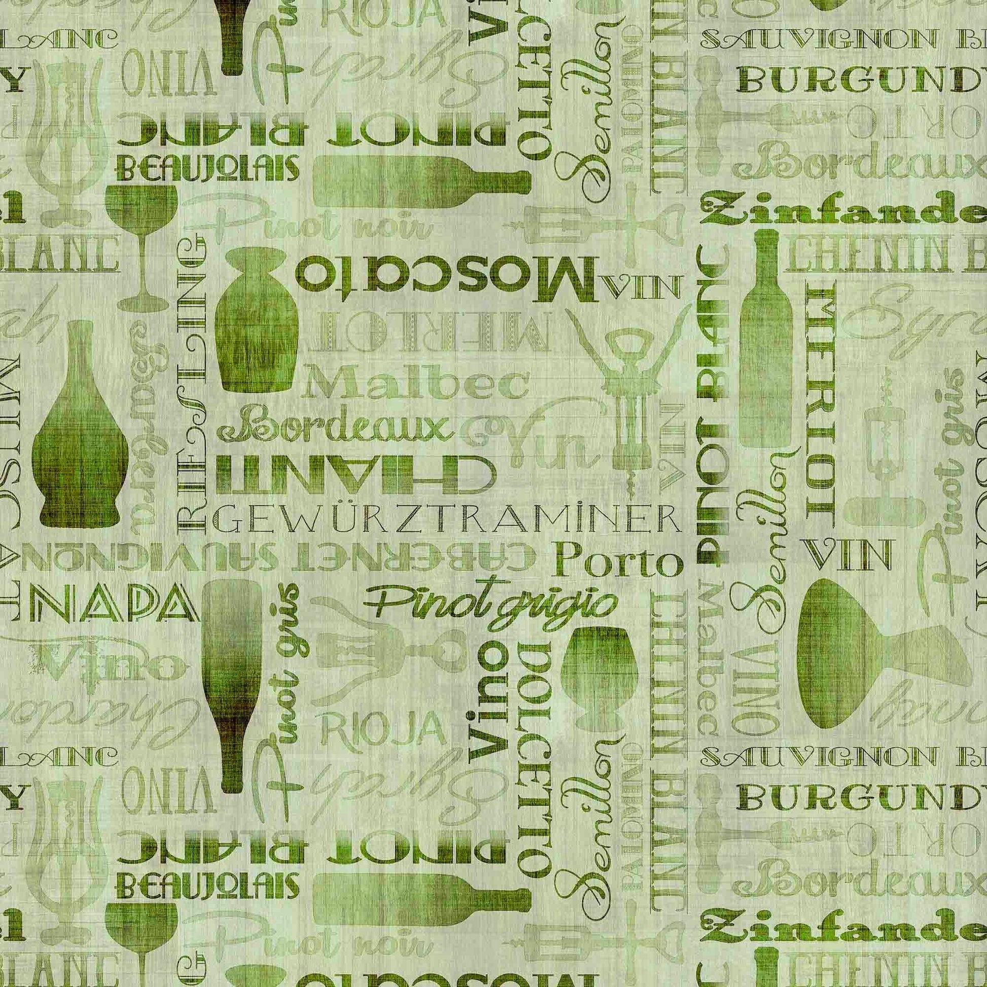 Image of the Cork & Barrel Wine Bottle and Woods Tonal Olive quilting cotton fabric by Morris Creative Group for QT Fabrics. Features wine icons on a green background. Cute Little Fabric Shop