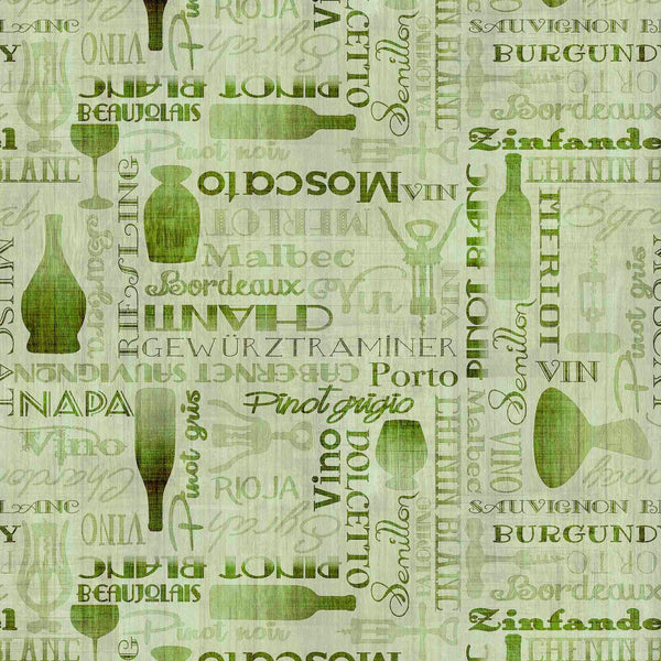 Image of the Cork & Barrel Wine Bottle and Woods Tonal Olive quilting cotton fabric by Morris Creative Group for QT Fabrics. Features wine icons on a green background. Cute Little Fabric Shop