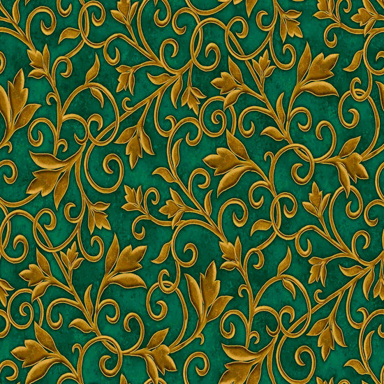 Image of the Heavenly Night Scroll Green quilting cotton fabric by Marcello Corti for QT Fabrics. Features an ornate swirl design on a green background. Cute Little Fabric Shop