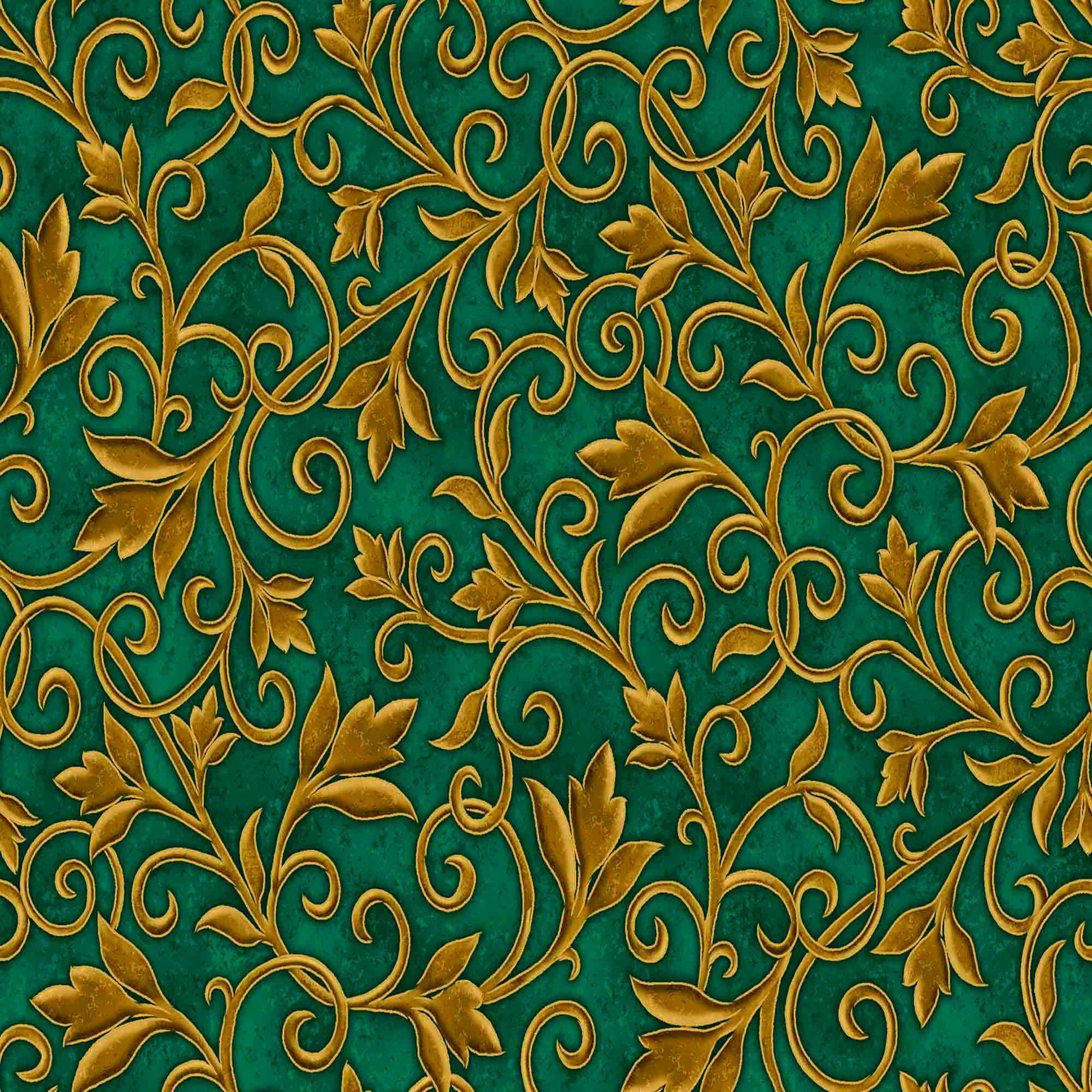 Image of the Heavenly Night Scroll Green quilting cotton fabric by Marcello Corti for QT Fabrics. Features an ornate swirl design on a green background. Cute Little Fabric Shop