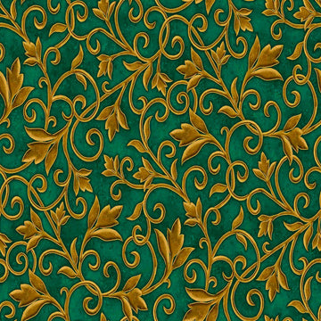 Image of the Heavenly Night Scroll Green quilting cotton fabric by Marcello Corti for QT Fabrics. Features an ornate swirl design on a green background. Cute Little Fabric Shop