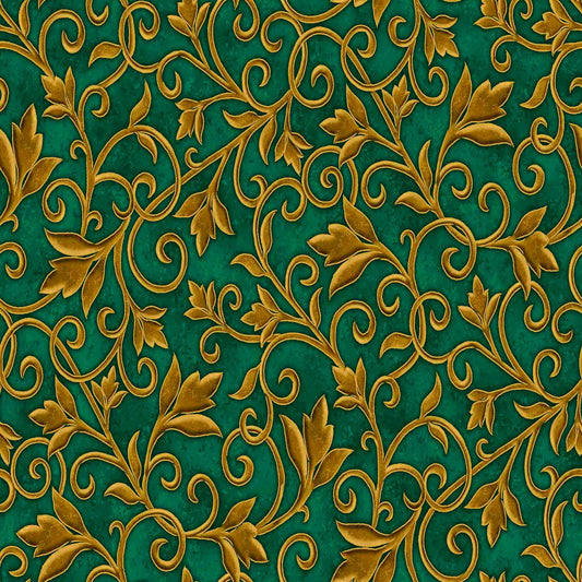 Image of the Heavenly Night Scroll Green quilting cotton fabric by Marcello Corti for QT Fabrics. Features an ornate swirl design on a green background. Cute Little Fabric Shop