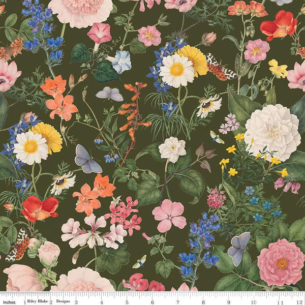 Image of the Nature&#39;s Portrait Main Hunter quilting cotton fabric by Riley Blake Designs. Features flowers on a green background. Cute Little Fabric Shop