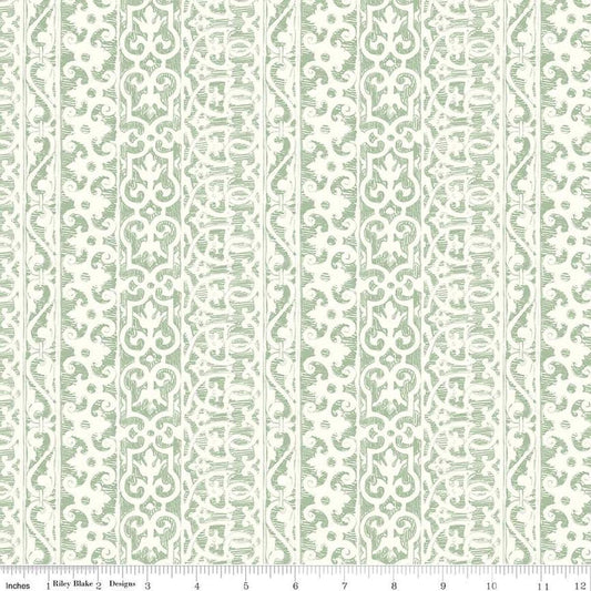 Image of the Nature's Portrait Filigree Sage quilting cotton fabric by Riley Blake Designs. Features stripes on  green background. Cute Little Fabric Shop