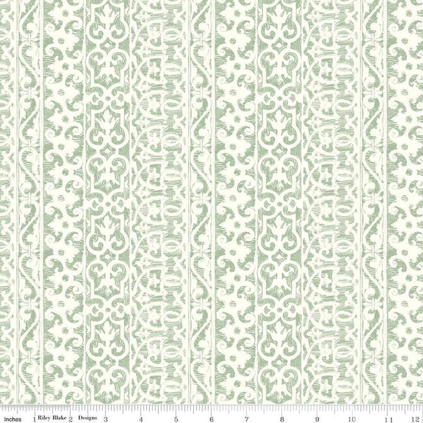 Image of the Nature&#39;s Portrait Filigree Sage quilting cotton fabric by Riley Blake Designs. Features stripes on  green background. Cute Little Fabric Shop