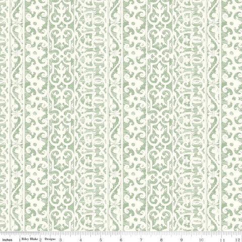 Image of the Nature&#39;s Portrait Filigree Sage quilting cotton fabric by Riley Blake Designs. Features stripes on  green background. Cute Little Fabric Shop