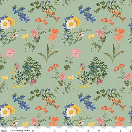 Image of the Nature's Portrait Main Sage quilting cotton fabric by Riley Blake Designs. Features flowers on a green background. Cute Little Fabric Shop