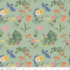 Image of the Nature's Portrait Main Sage quilting cotton fabric by Riley Blake Designs. Features flowers on a green background. Cute Little Fabric Shop