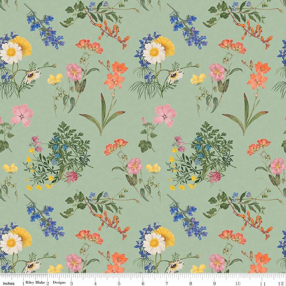 Image of the Nature's Portrait Main Sage quilting cotton fabric by Riley Blake Designs. Features flowers on a green background. Cute Little Fabric Shop