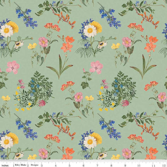 Image of the Nature's Portrait Main Sage quilting cotton fabric by Riley Blake Designs. Features flowers on a green background. Cute Little Fabric Shop