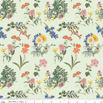 Image of the Nature's Portrait Cute Cuttings Mist quilting cotton fabric by Riley Blake Designs. Features flowers on a blue background. Cute Little Fabric Shop