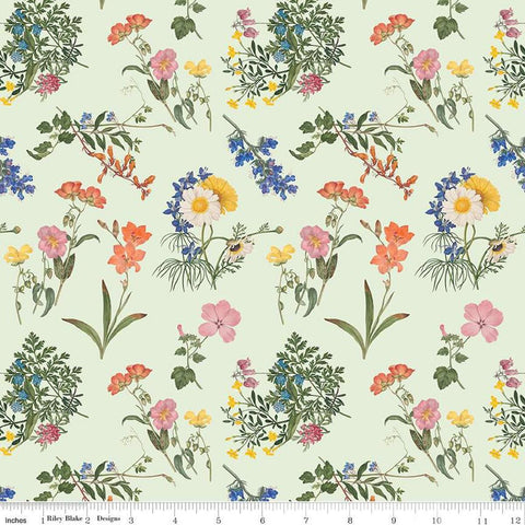 Image of the Nature&#39;s Portrait Cute Cuttings Mist quilting cotton fabric by Riley Blake Designs. Features flowers on a blue background. Cute Little Fabric Shop