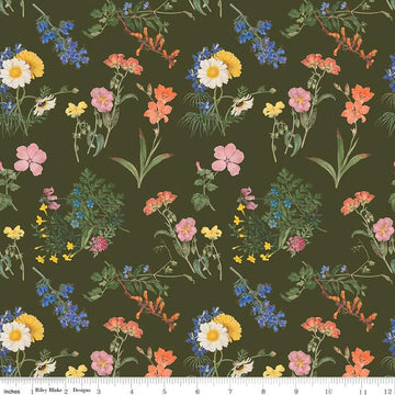 Image of the Nature's Portrait Cute Cuttings Hunter quilting cotton fabric by Riley Blake Designs. Features flowers on a green background. Cute Little Fabric Shop
