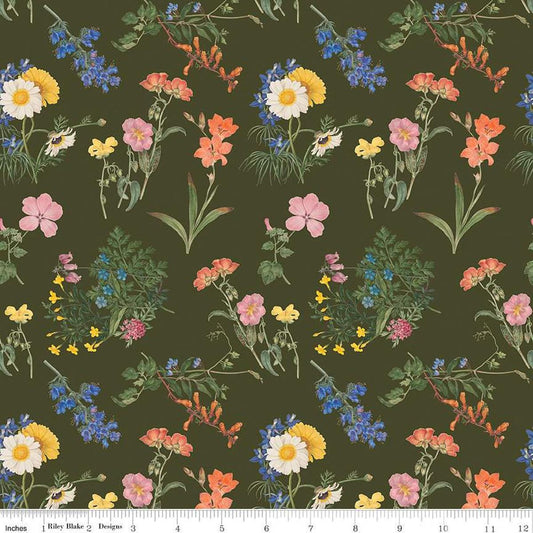 Image of the Nature's Portrait Cute Cuttings Hunter quilting cotton fabric by Riley Blake Designs. Features flowers on a green background. Cute Little Fabric Shop