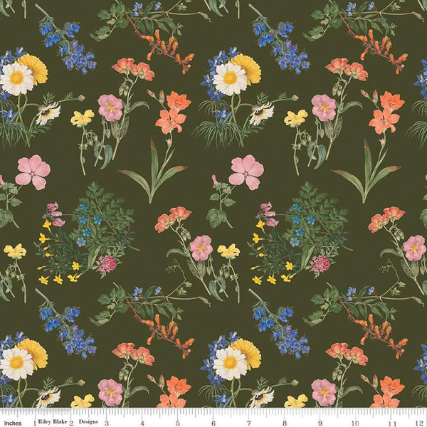 Image of the Nature&#39;s Portrait Cute Cuttings Hunter quilting cotton fabric by Riley Blake Designs. Features flowers on a green background. Cute Little Fabric Shop