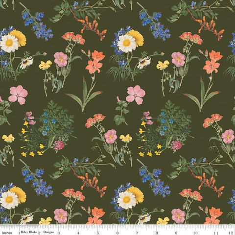 Image of the Nature&#39;s Portrait Cute Cuttings Hunter quilting cotton fabric by Riley Blake Designs. Features flowers on a green background. Cute Little Fabric Shop