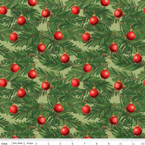 Image of the Christmas Wishes Ornaments Light Green quilting cotton fabric by Riley Blake Designs. Features pine leaves and ornaments on a light green background. 
Cute Little Fabric Shop
