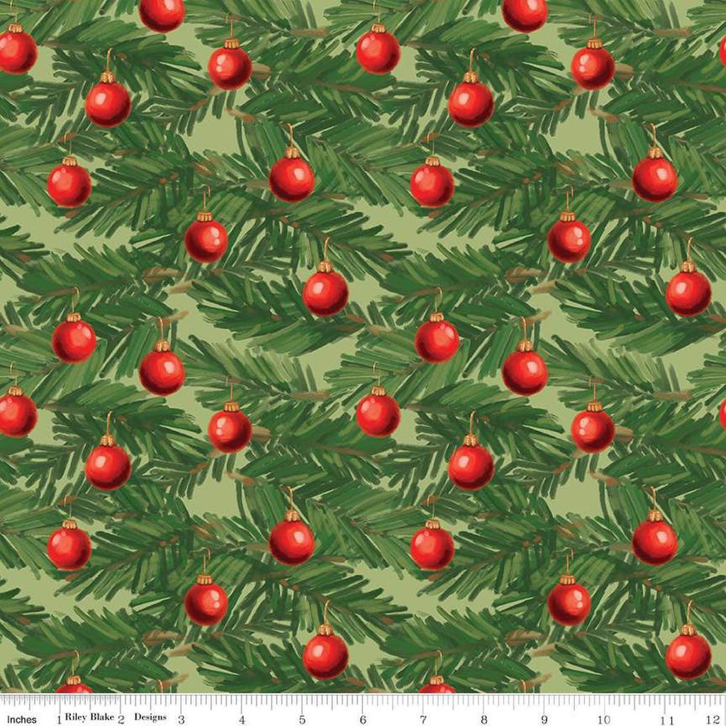 Image of the Christmas Wishes Ornaments Light Green quilting cotton fabric by Riley Blake Designs. Features pine leaves and ornaments on a light green background. 
Cute Little Fabric Shop