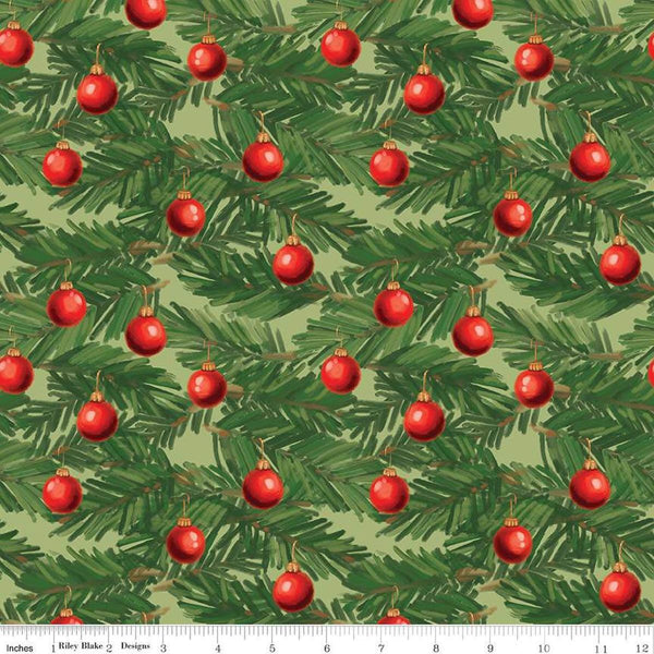 Image of the Christmas Wishes Ornaments Light Green quilting cotton fabric by Riley Blake Designs. Features pine leaves and ornaments on a light green background. 
Cute Little Fabric Shop