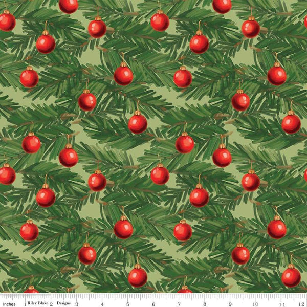 Image of the Christmas Wishes Ornaments Light Green quilting cotton fabric by Riley Blake Designs. Features pine leaves and ornaments on a light green background. 
Cute Little Fabric Shop