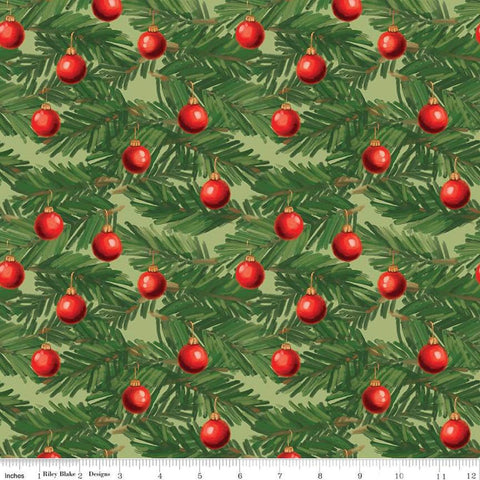 Image of the Christmas Wishes Ornaments Light Green quilting cotton fabric by Riley Blake Designs. Features pine leaves and ornaments on a light green background. 
Cute Little Fabric Shop