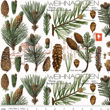 Classic Christmas Botanical Pines CD16283 White - Riley Blake Designs - DIGITALLY PRINTED - Pinecones Leaves - Quilting Cotton Fabric