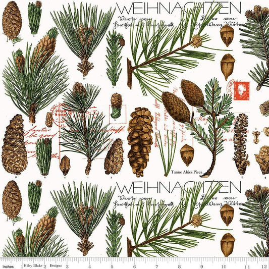 Classic Christmas Botanical Pines CD16283 White - Riley Blake Designs - DIGITALLY PRINTED - Pinecones Leaves - Quilting Cotton Fabric