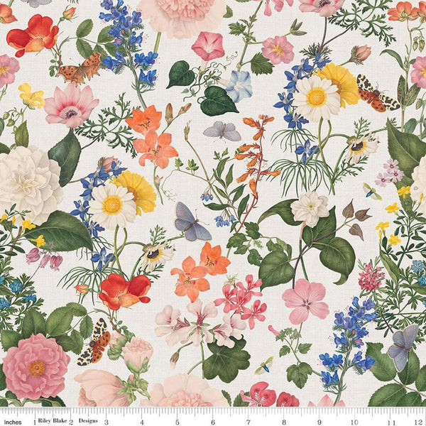 SALE LINEN Nature's Portrait Floral LN15675 Natural - Riley Blake Designs - Royal Horticulture Society Floral - Quilting Cotton Fabric
