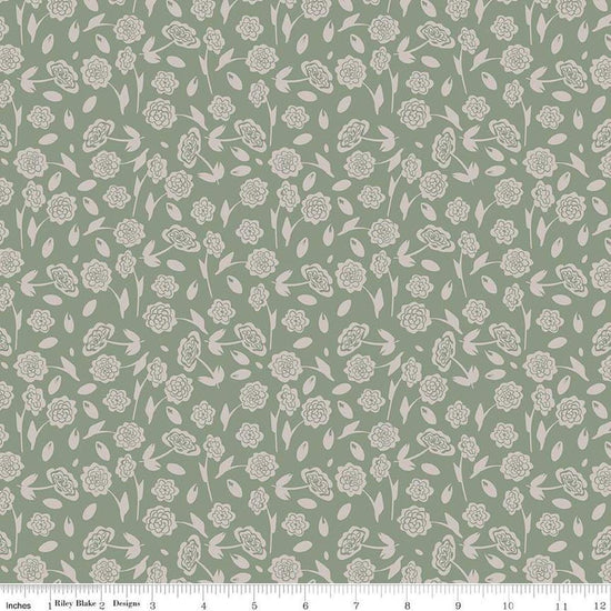 Image of the Honey Locust Peonies Grove quilting cotton fabric by Riley Blake Designs. Features flowers on a green background