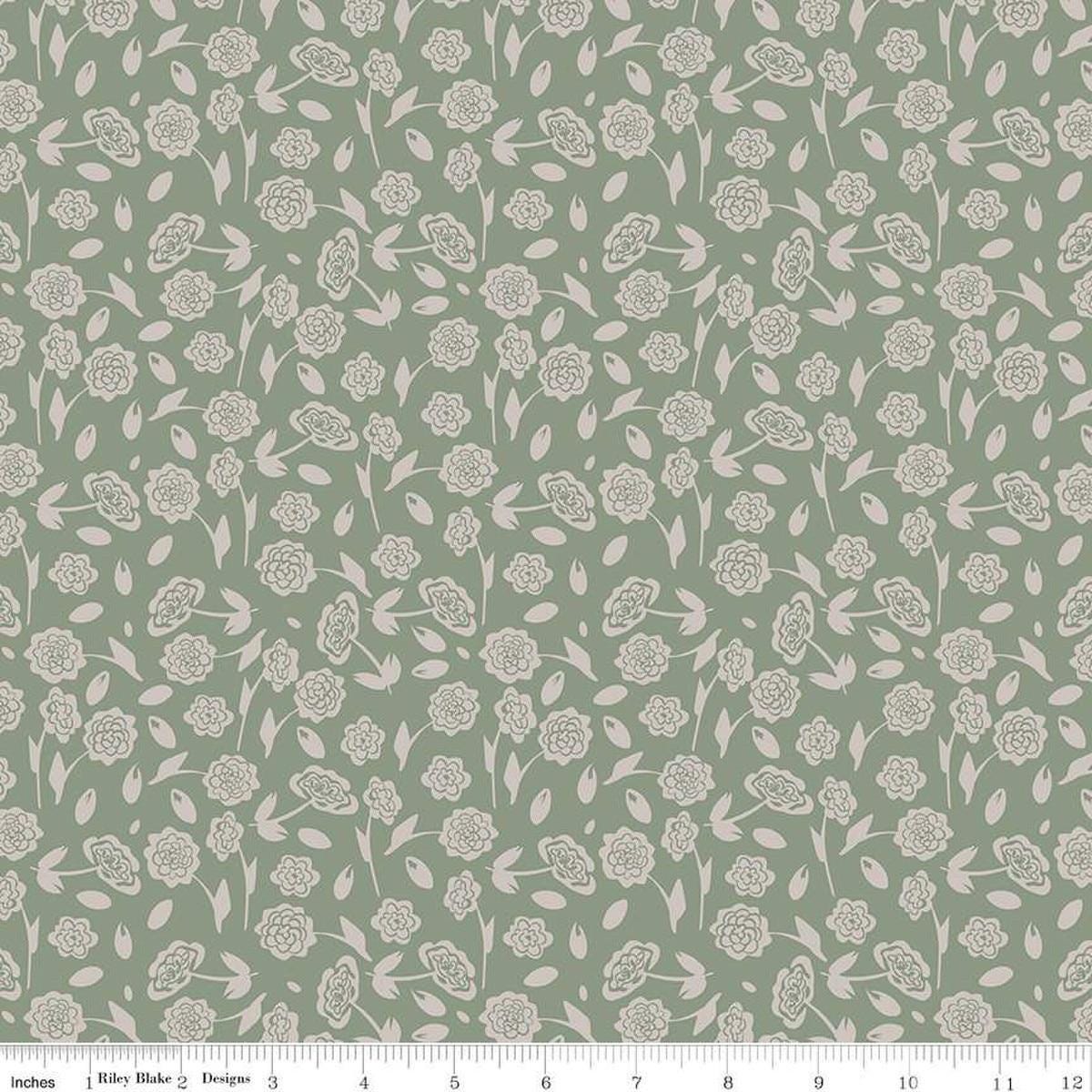 Image of the Honey Locust Peonies Grove quilting cotton fabric by Riley Blake Designs. Features flowers on a green background
