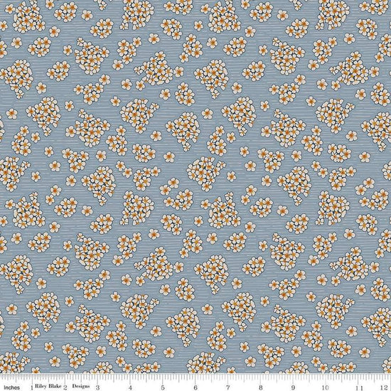 Image of the Honey Locust Hydrangeas Sky quilting cotton fabric by Riley Blake Designs. Features flowers on a gray background