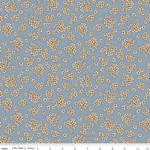 Image of the Honey Locust Hydrangeas Sky quilting cotton fabric by Riley Blake Designs. Features flowers on a gray background