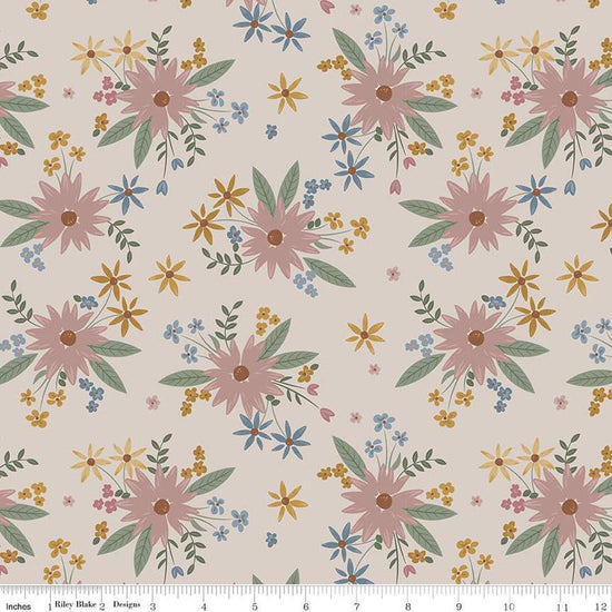 Image of the Honey Locust Gigi's Garden Linen quilting cotton fabric by Riley Blake Designs. Features flowers on a cream background.
