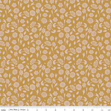 Image of the Honey Locust Peonies Honeycomb quilting cotton fabric by Riley Blake Designs. Features flowers on a gold background.