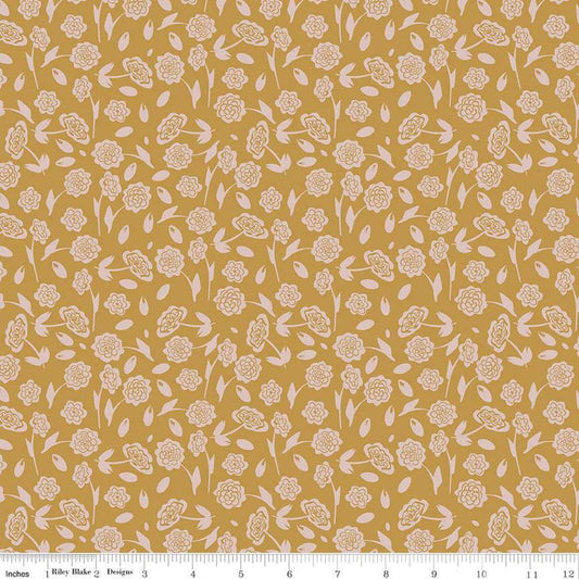 Image of the Honey Locust Peonies Honeycomb quilting cotton fabric by Riley Blake Designs. Features flowers on a gold background.