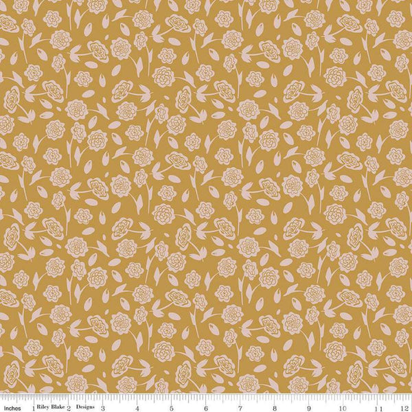 Image of the Honey Locust Peonies Honeycomb quilting cotton fabric by Riley Blake Designs. Features flowers on a gold background.