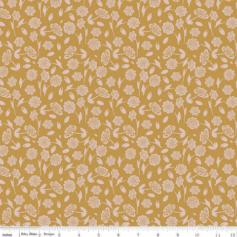 Image of the Honey Locust Peonies Honeycomb quilting cotton fabric by Riley Blake Designs. Features flowers on a gold background.