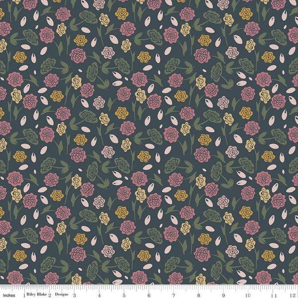 Image of the Honey Locust Peonies Lead quilting cotton fabric by Riley Blake Designs. Features flowers on a gray background