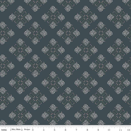 Image of the Honey Locust Alyssum Lead quilting cotton fabric by Riley Blake Designs. Features flowers on a gray background.