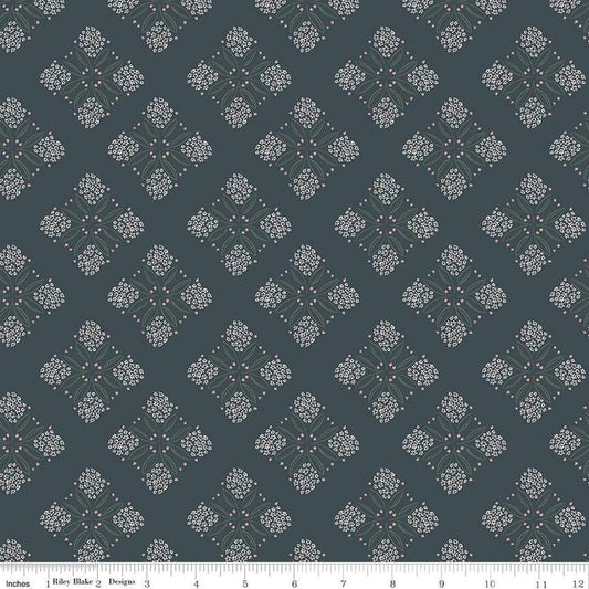Image of the Honey Locust Alyssum Lead quilting cotton fabric by Riley Blake Designs. Features flowers on a gray background.