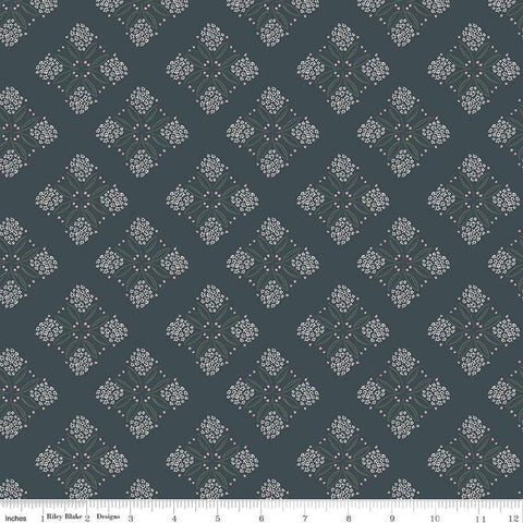 Image of the Honey Locust Alyssum Lead quilting cotton fabric by Riley Blake Designs. Features flowers on a gray background.